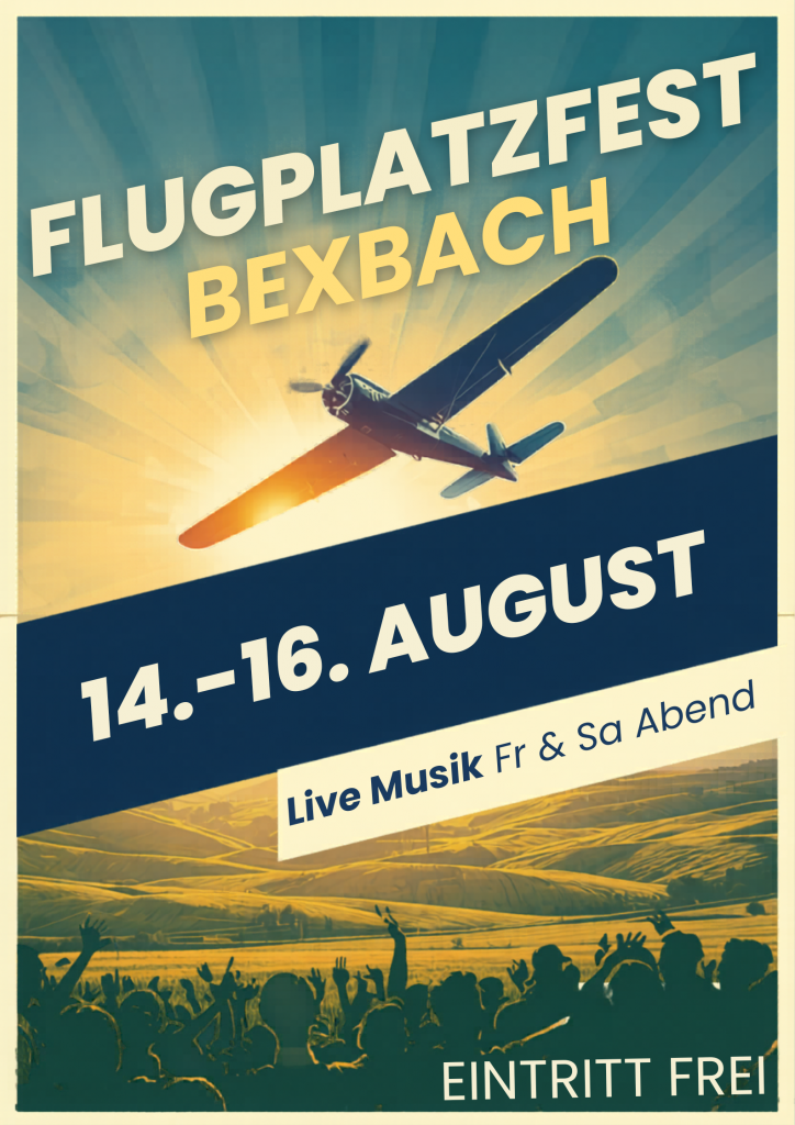 aero-club-bexbachs-flugplatzfest-poster-2 Plakat mit der Einladung zum Flugplatzfest in Bexbach. 14.-16. August. Freier Eintritt. Mit Live Musik Fr und Sa Abend.